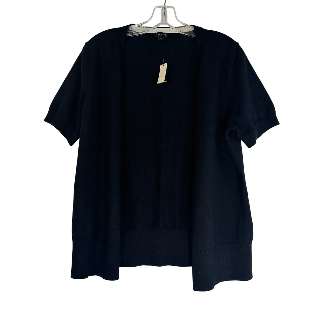 Talbots Black Silk Cotton Blend Short Sleeve V-Neck Cardigan Sweater Large NWT